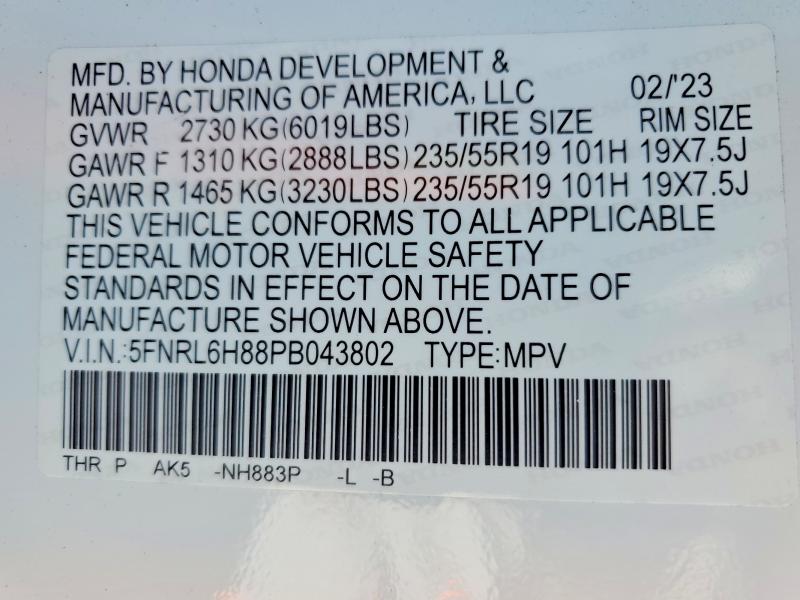 Aukcja sprzedaży 2023 Honda Odyssey, vin: 5FNRL6H88PB043802, numer aukcji: 56177166