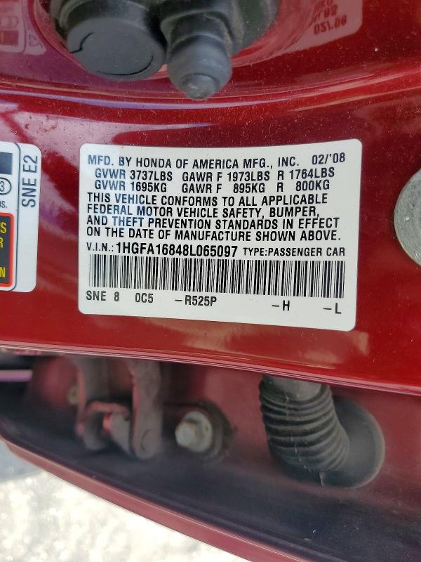 2008 Honda Civic მანქანა იყიდება აუქციონზე, vin: 1HGFA16848L065097, აუქციონის ნომერი: 56431426