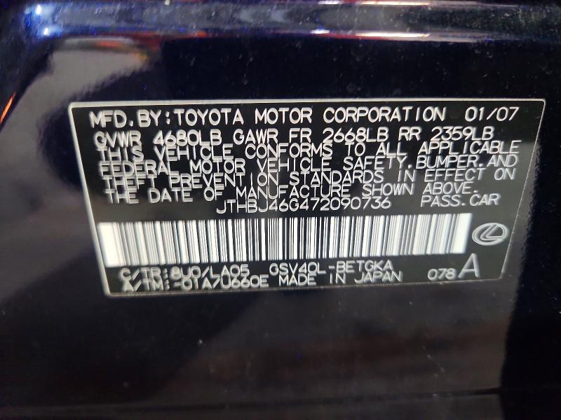 Aukcja sprzedaży 2007 Lexus Es, vin: JTHBJ46G472090736, numer aukcji: 57418706