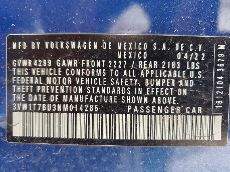 Aukcja sprzedaży 2022 Volkswagen Jetta, vin: 3VW1T7BU3NM014285, numer aukcji: 55748496