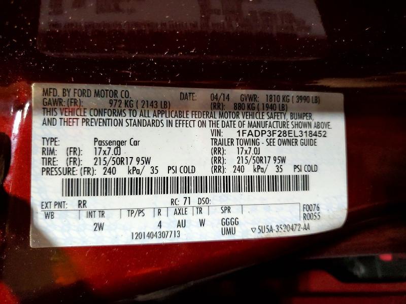 2014 Ford Focus მანქანა იყიდება აუქციონზე, vin: 1FADP3F28EL318452, აუქციონის ნომერი: 57193516