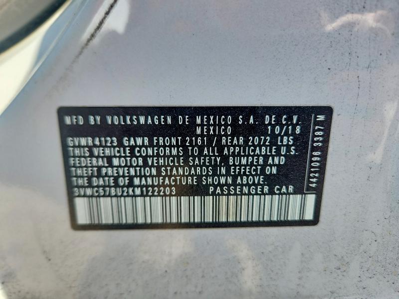 2019 Volkswagen Jetta მანქანა იყიდება აუქციონზე, vin: 3VWC57BU2KM122203, აუქციონის ნომერი: 57478196