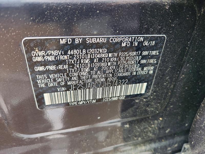 2018 Subaru Forester მანქანა იყიდება აუქციონზე, vin: JF2SJAGC7JH574322, აუქციონის ნომერი: 58276136