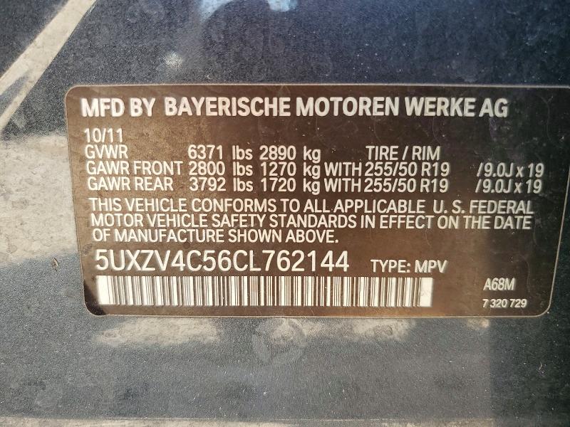 Aukcja sprzedaży 2012 Bmw X5, vin: 5UXZV4C56CL762144, numer aukcji: 55752196