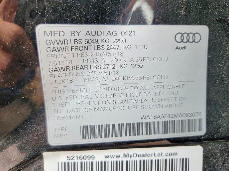 58090296 :رقم المزاد ، WA18AAF42MA063076 vin ، 2021 Audi A4 مزاد بيع