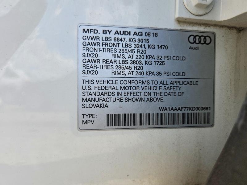 Aukcja sprzedaży 2019 Audi Q7, vin: WA1AAAF77KD000661, numer aukcji: 58710976