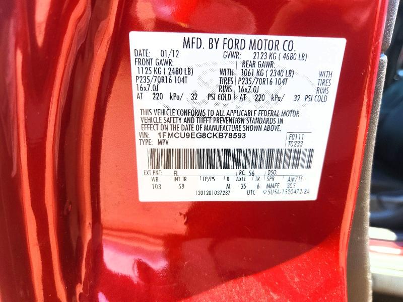 58320976 :رقم المزاد ، 1FMCU9EG8CKB78593 vin ، 2012 Ford Escape مزاد بيع