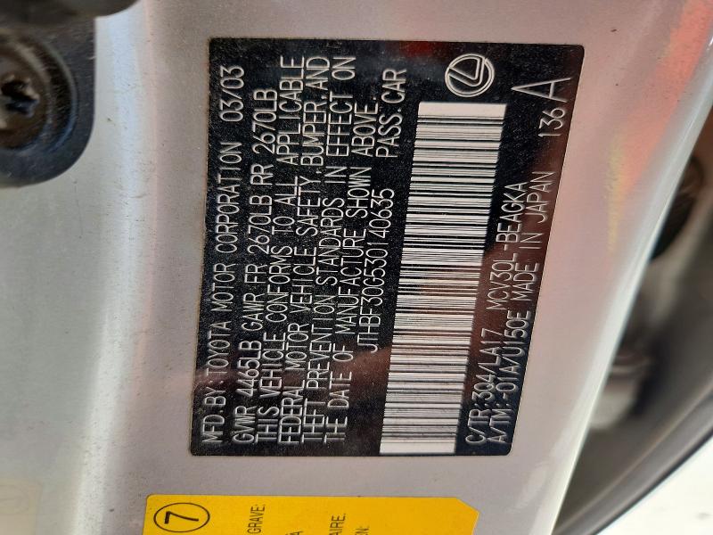 Aukcja sprzedaży 2003 Lexus Es, vin: JTHBF30G530140635, numer aukcji: 59173776