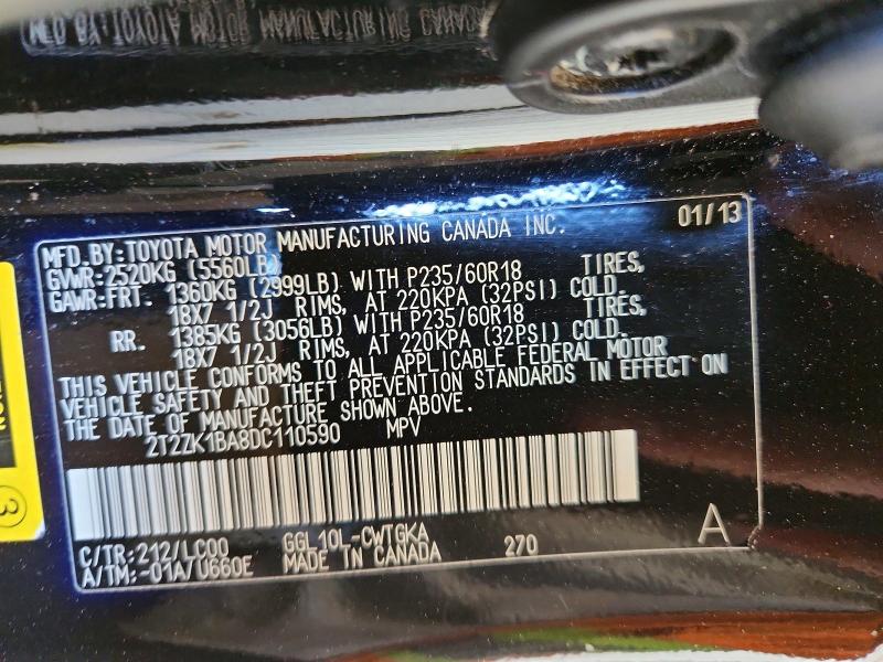 2013 Lexus Rx მანქანა იყიდება აუქციონზე, vin: 2T2ZK1BA8DC110590, აუქციონის ნომერი: 55648346