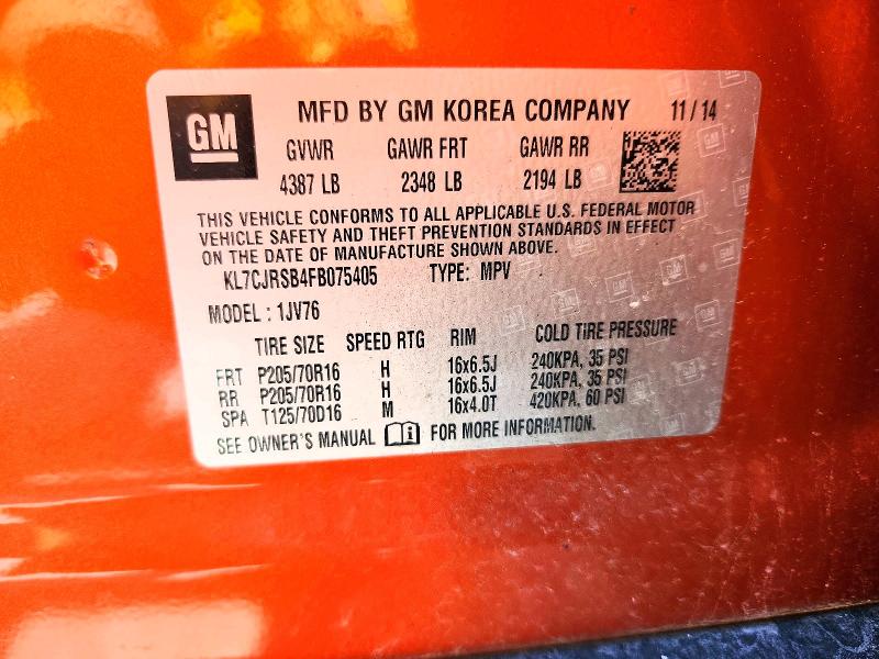 Aukcja sprzedaży 2015 Chevrolet Trax, vin: KL7CJRSB4FB075405, numer aukcji: 57581936