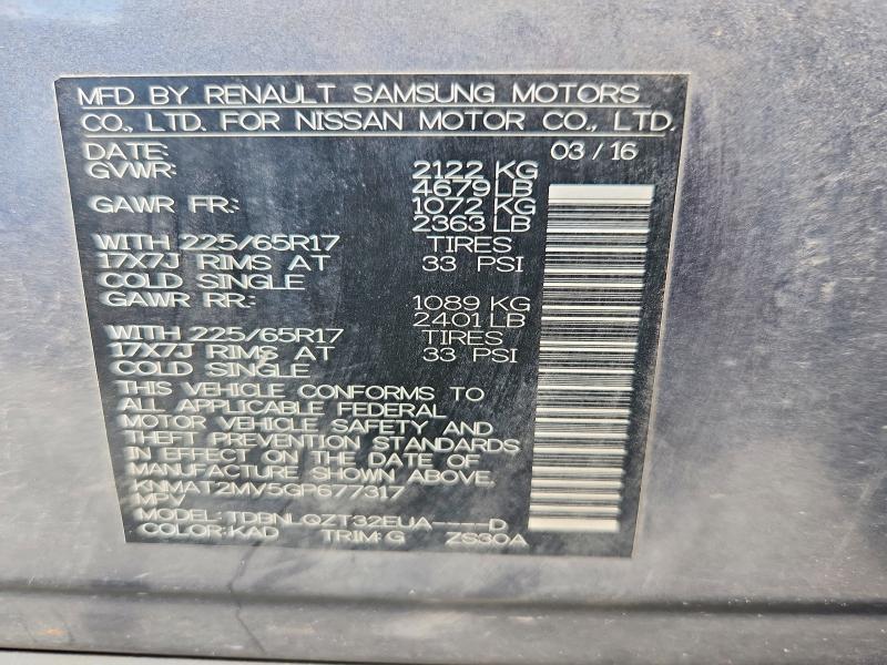 57355426 :رقم المزاد ، KNMAT2MV5GP677317 vin ، 2016 Nissan Rogue مزاد بيع