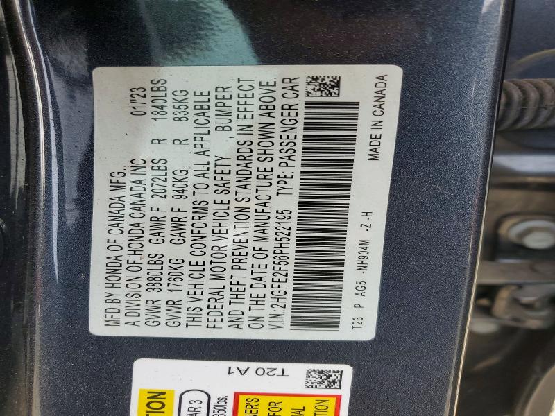 58139096 :رقم المزاد ، 2HGFE2F56PH522195 vin ، 2023 Honda Civic مزاد بيع