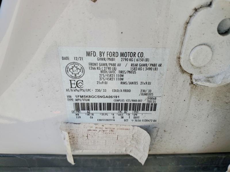 2022 Ford Explorer მანქანა იყიდება აუქციონზე, vin: 1FM5K8GC5NGA06191, აუქციონის ნომერი: 57153586