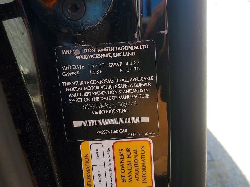58937036 :رقم المزاد ، SCFBF04B88GD08706 vin ، 2008 Aston Martin V8 مزاد بيع