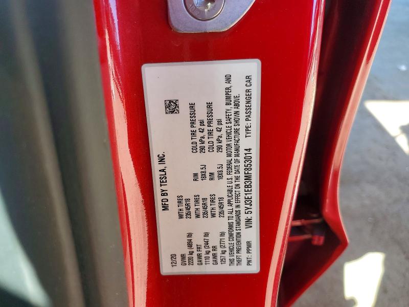 57196146 :رقم المزاد ، 5YJ3E1EB3MF853014 vin ، 2021 Tesla Model 3 مزاد بيع