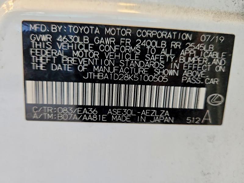 Aukcja sprzedaży 2019 Lexus Is, vin: JTHBA1D28K5100505, numer aukcji: 56970936