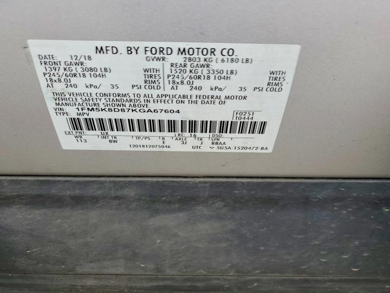 Продаж на аукціоні авто 2019 Ford Explorer, vin: 1FM5K8D87KGA67604, номер лоту: 56569986