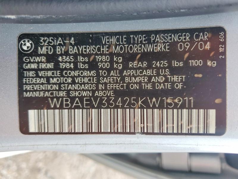 2005 Bmw 325 მანქანა იყიდება აუქციონზე, vin: WBAEV33425KW15911, აუქციონის ნომერი: 57908596