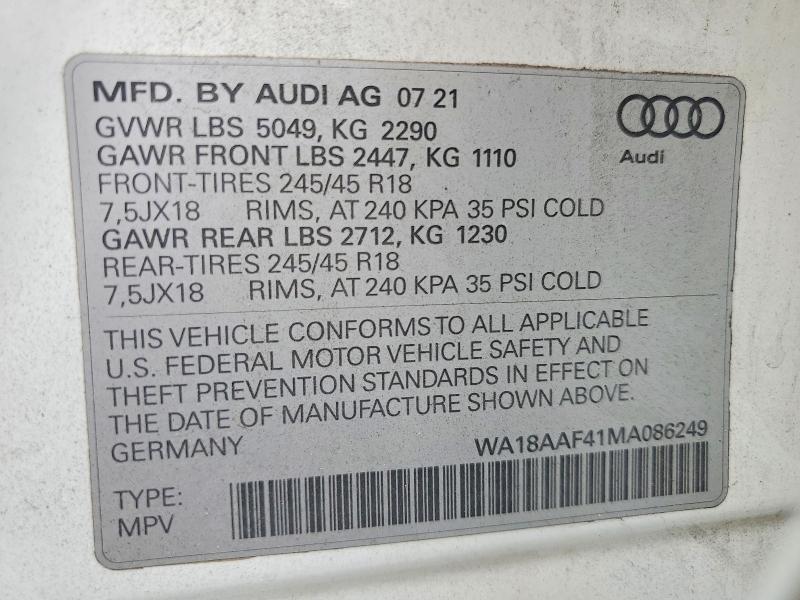 2021 Audi A4 Allroad მანქანა იყიდება აუქციონზე, vin: WA18AAF41MA086249, აუქციონის ნომერი: 58475066