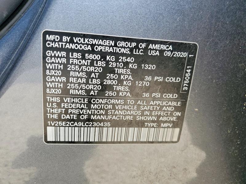 57740746 :رقم المزاد ، 1V25E2CA9LC230435 vin ، 2020 Volkswagen Atlas Cross Sport مزاد بيع