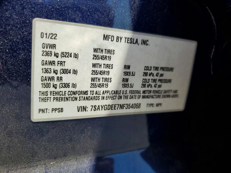 2022 Tesla Model Y მანქანა იყიდება აუქციონზე, vin: 7SAYGDEE7NF354068, აუქციონის ნომერი: 58461756