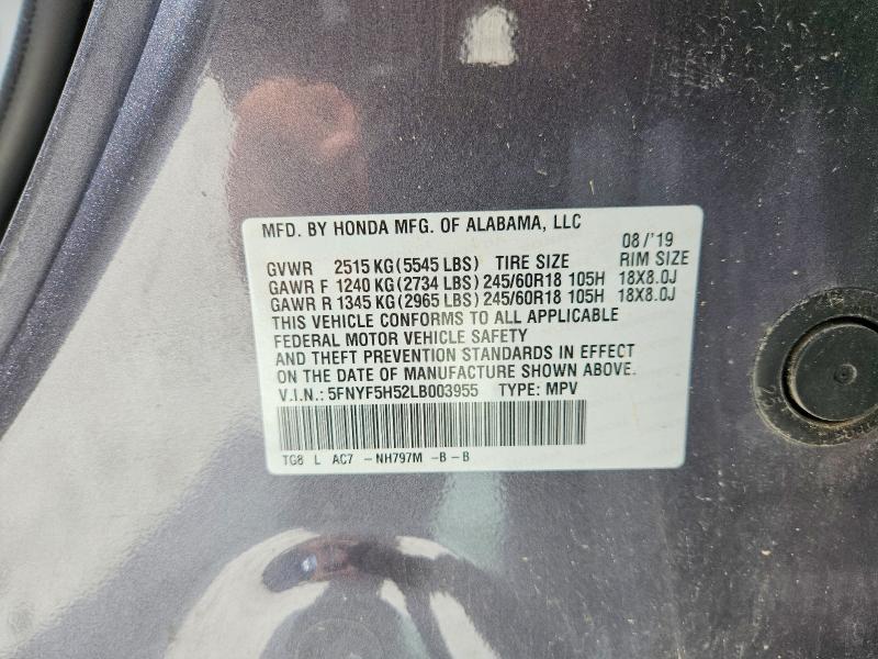 2020 Honda Pilot მანქანა იყიდება აუქციონზე, vin: 5FNYF5H52LB003955, აუქციონის ნომერი: 56772746