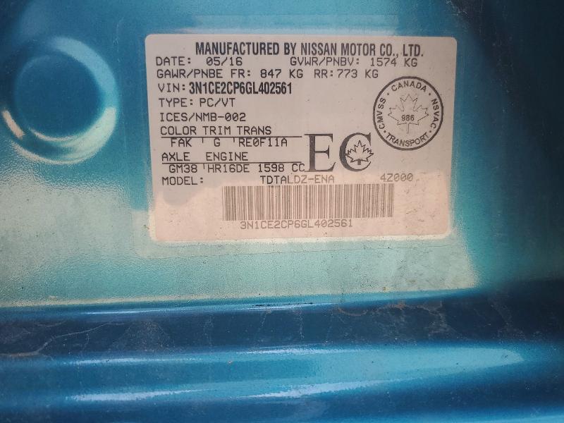 2016 Nissan Versa Note მანქანა იყიდება აუქციონზე, vin: 3N1CE2CP6GL402561, აუქციონის ნომერი: 57126456