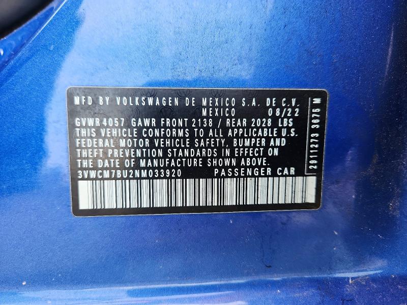 Aukcja sprzedaży 2022 Volkswagen Jetta, vin: 3VWCM7BU2NM033920, numer aukcji: 56650896