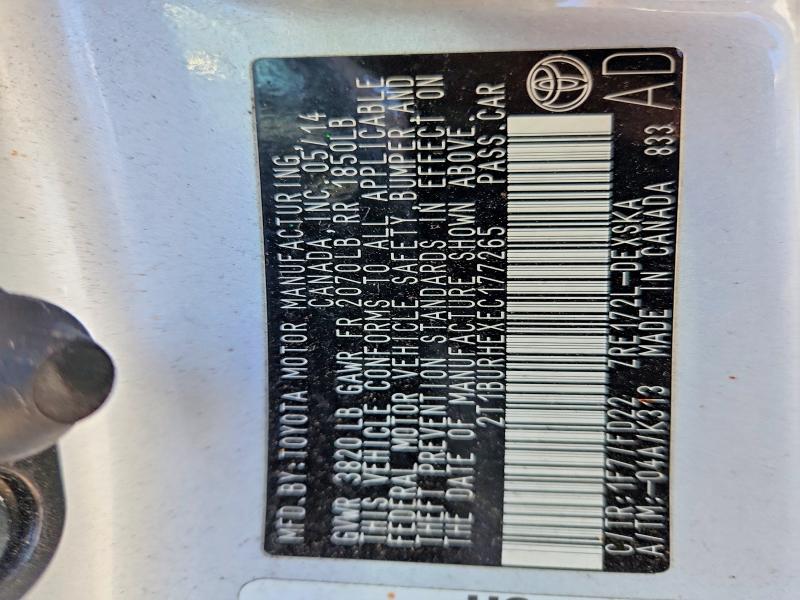 57017686 :رقم المزاد ، 2T1BURHEXEC177265 vin ، 2014 Toyota Corolla مزاد بيع