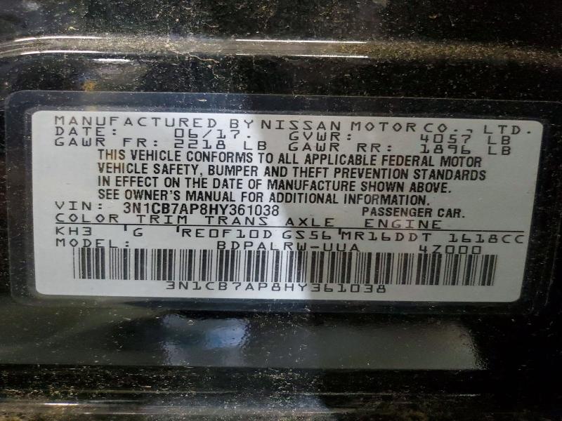 2017 Nissan Sentra მანქანა იყიდება აუქციონზე, vin: 3N1CB7AP8HY361038, აუქციონის ნომერი: 85984935