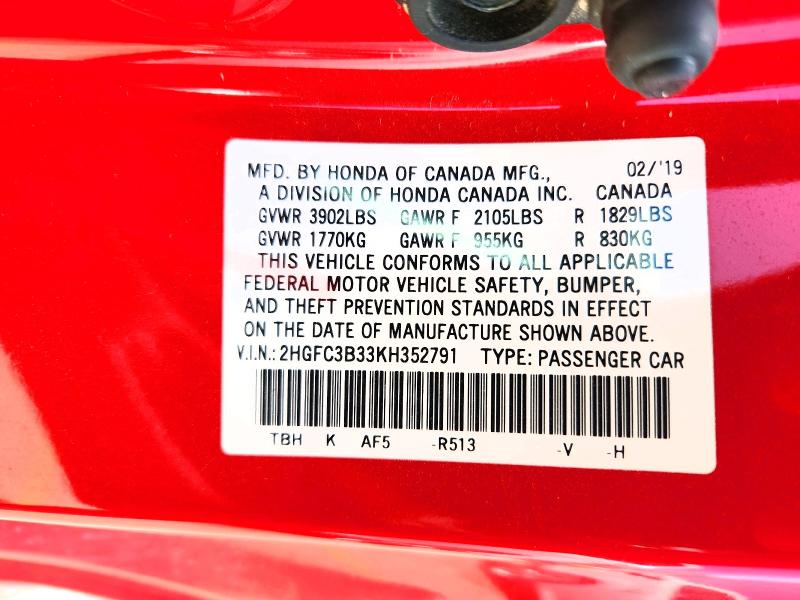 Продажа на аукционе авто 2019 Honda Civic, vin: 2HGFC3B33KH352791, номер лота: 57367586