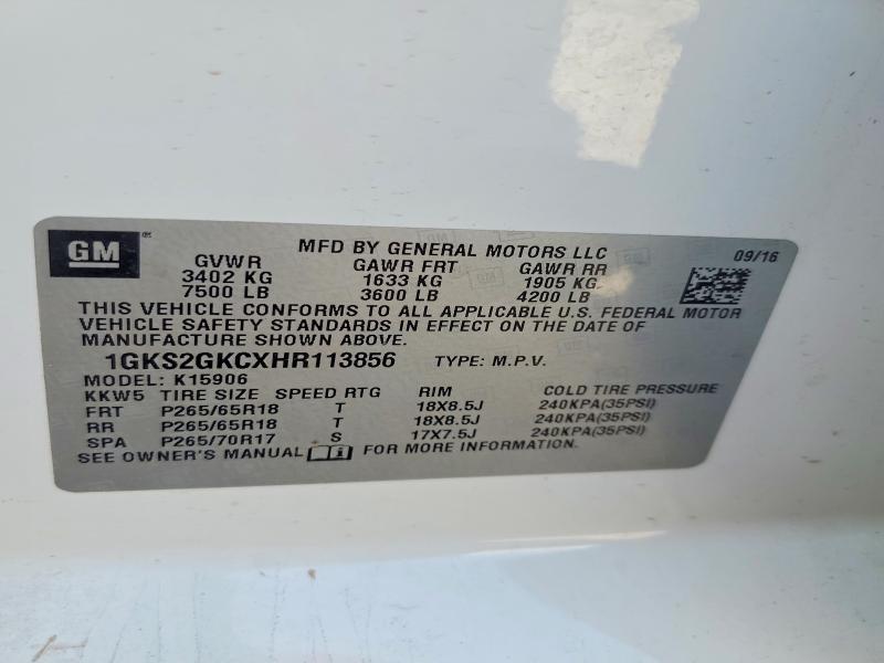 59588596 :رقم المزاد ، 1GKS2GKCXHR113856 vin ، 2017 Gmc Yukon Xl مزاد بيع