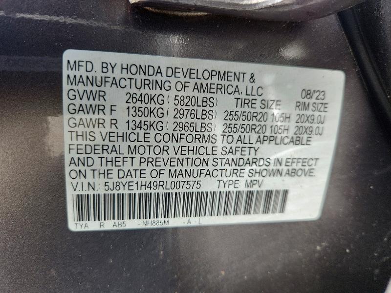 57537616 :رقم المزاد ، 5J8YE1H49RL007575 vin ، 2024 Acura Mdx مزاد بيع