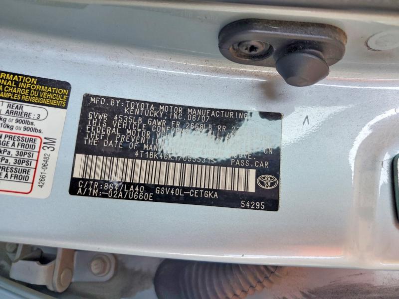 2007 Toyota Camry მანქანა იყიდება აუქციონზე, vin: 4T1BK46K17U555315, აუქციონის ნომერი: 57273626