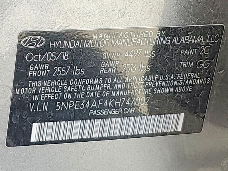 55380076 :رقم المزاد ، 5NPE34AF4KH747002 vin ، 2019 Hyundai Sonata مزاد بيع