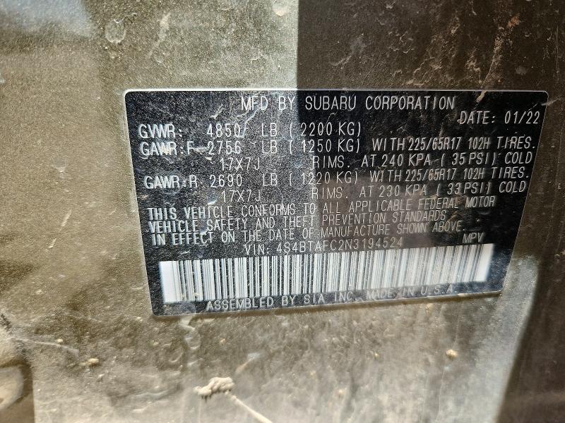 2022 Subaru Outback მანქანა იყიდება აუქციონზე, vin: 4S4BTAFC2N3194524, აუქციონის ნომერი: 56667036