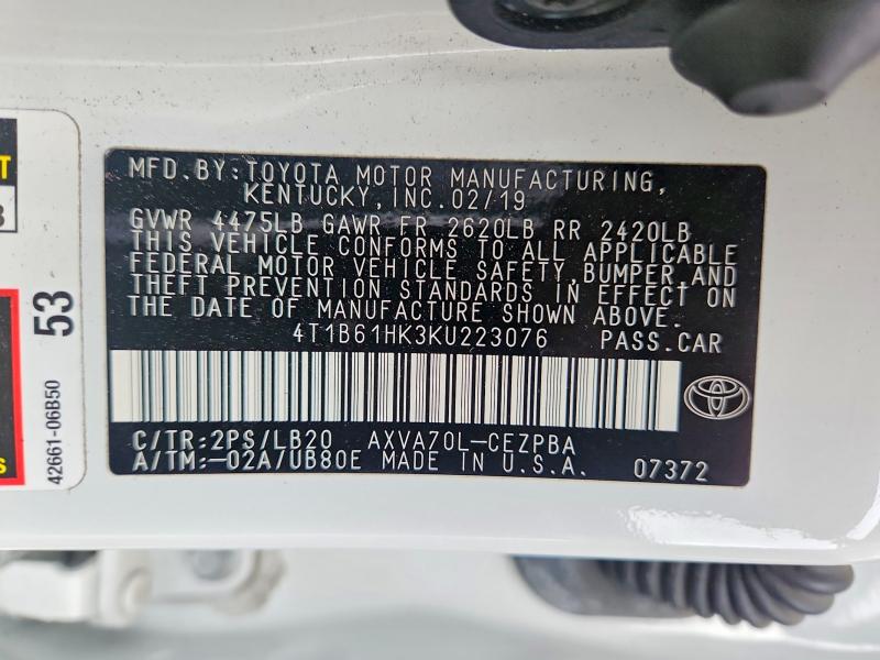 Aukcja sprzedaży 2019 Toyota Camry, vin: 4T1B61HK3KU223076, numer aukcji: 57973846