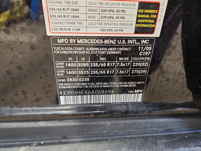 2006 Mercedes-benz Ml მანქანა იყიდება აუქციონზე, vin: 4JGBB86E86A068694, აუქციონის ნომერი: 56271766