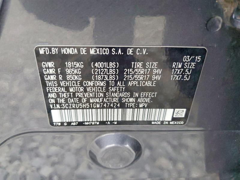 2016 Honda Hr-v მანქანა იყიდება აუქციონზე, vin: 3CZRU5H51GM747424, აუქციონის ნომერი: 58495636
