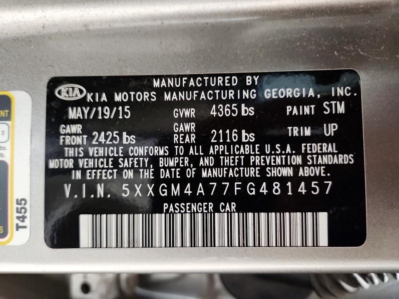 2015 Kia Optima მანქანა იყიდება აუქციონზე, vin: 5XXGM4A77FG481457, აუქციონის ნომერი: 57031186