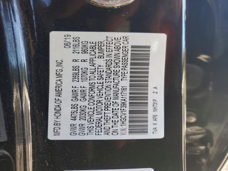 57831436 :رقم المزاد ، 1HGCV1F39KA117161 vin ، 2019 Honda Accord مزاد بيع