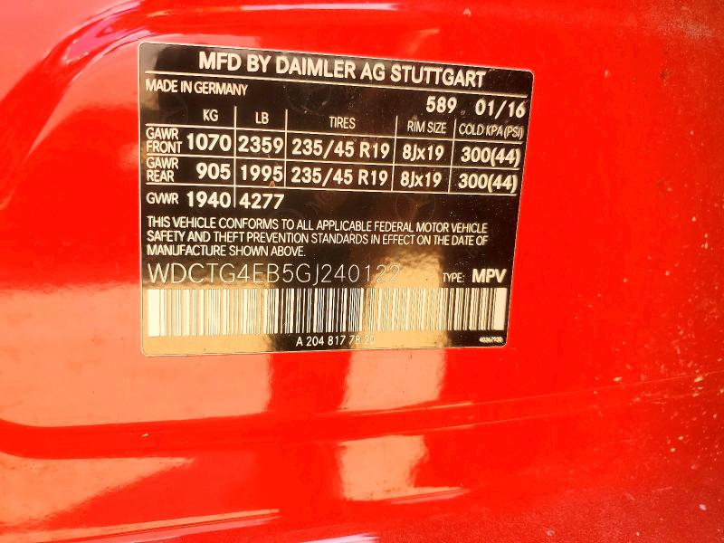 59166476 :رقم المزاد ، WDCTG4EB5GJ240122 vin ، 2016 Mercedes-benz Gla مزاد بيع