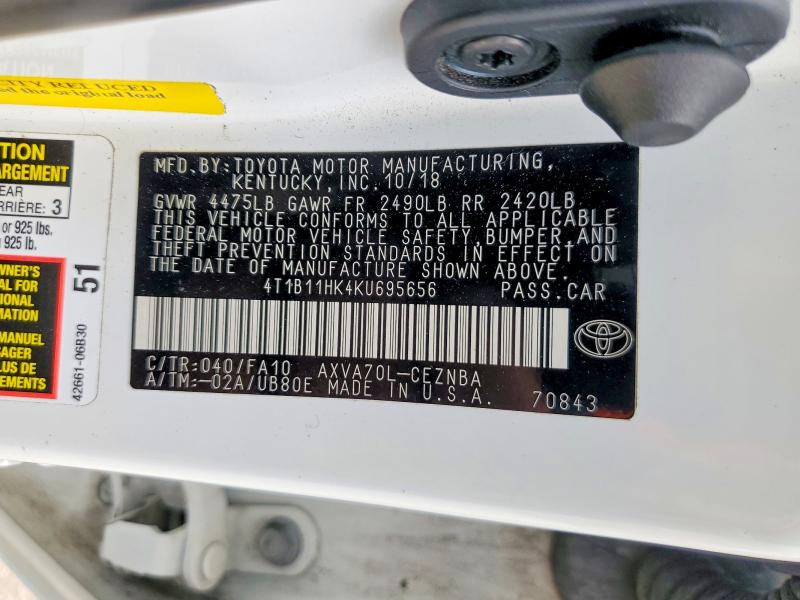 2019 Toyota Camry მანქანა იყიდება აუქციონზე, vin: 4T1B11HK4KU695656, აუქციონის ნომერი: 57917206