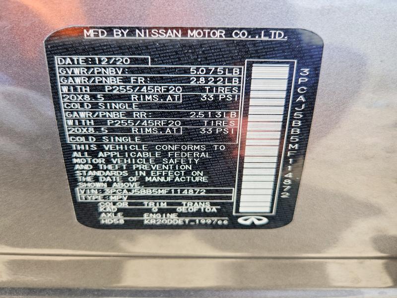 Aukcja sprzedaży 2021 Infiniti Qx50, vin: 3PCAJ5BB5MF114872, numer aukcji: 56999476