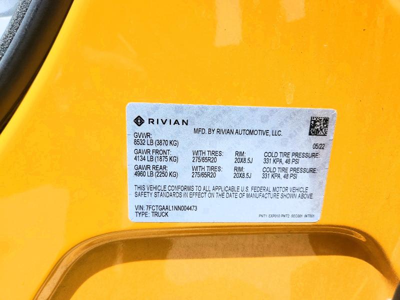 Aukcja sprzedaży 2022 Rivian R1t, vin: 7FCTGAAL1NN004473, numer aukcji: 59272026