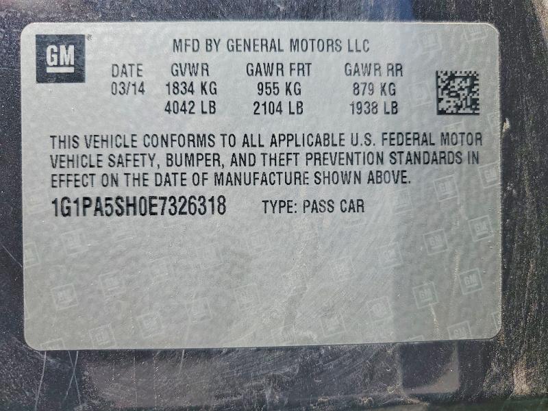 2014 Chevrolet Cruze მანქანა იყიდება აუქციონზე, vin: 1G1PA5SH0E7326318, აუქციონის ნომერი: 56772356