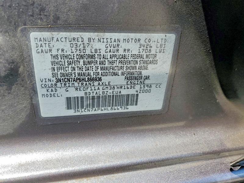 2017 Nissan Versa მანქანა იყიდება აუქციონზე, vin: 3N1CN7AP6HL866936, აუქციონის ნომერი: 55859116