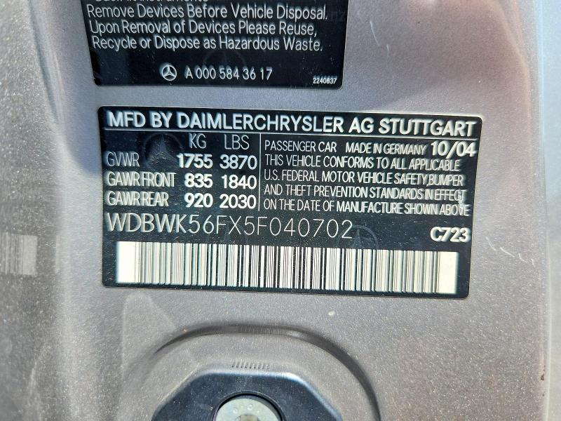 Aukcja sprzedaży 2005 Mercedes-benz Slk, vin: WDBWK56FX5F040702, numer aukcji: 85623305