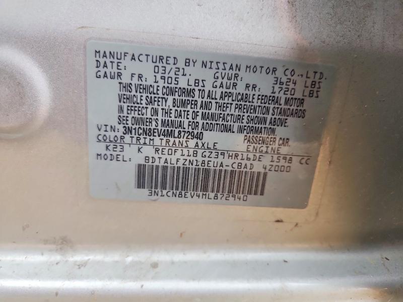 2021 Nissan Versa მანქანა იყიდება აუქციონზე, vin: 3N1CN8EV4ML872940, აუქციონის ნომერი: 58240896