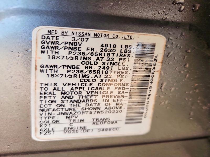 58757166 :رقم المزاد ، JN8AZ08T97W520220 vin ، 2007 Nissan Murano مزاد بيع